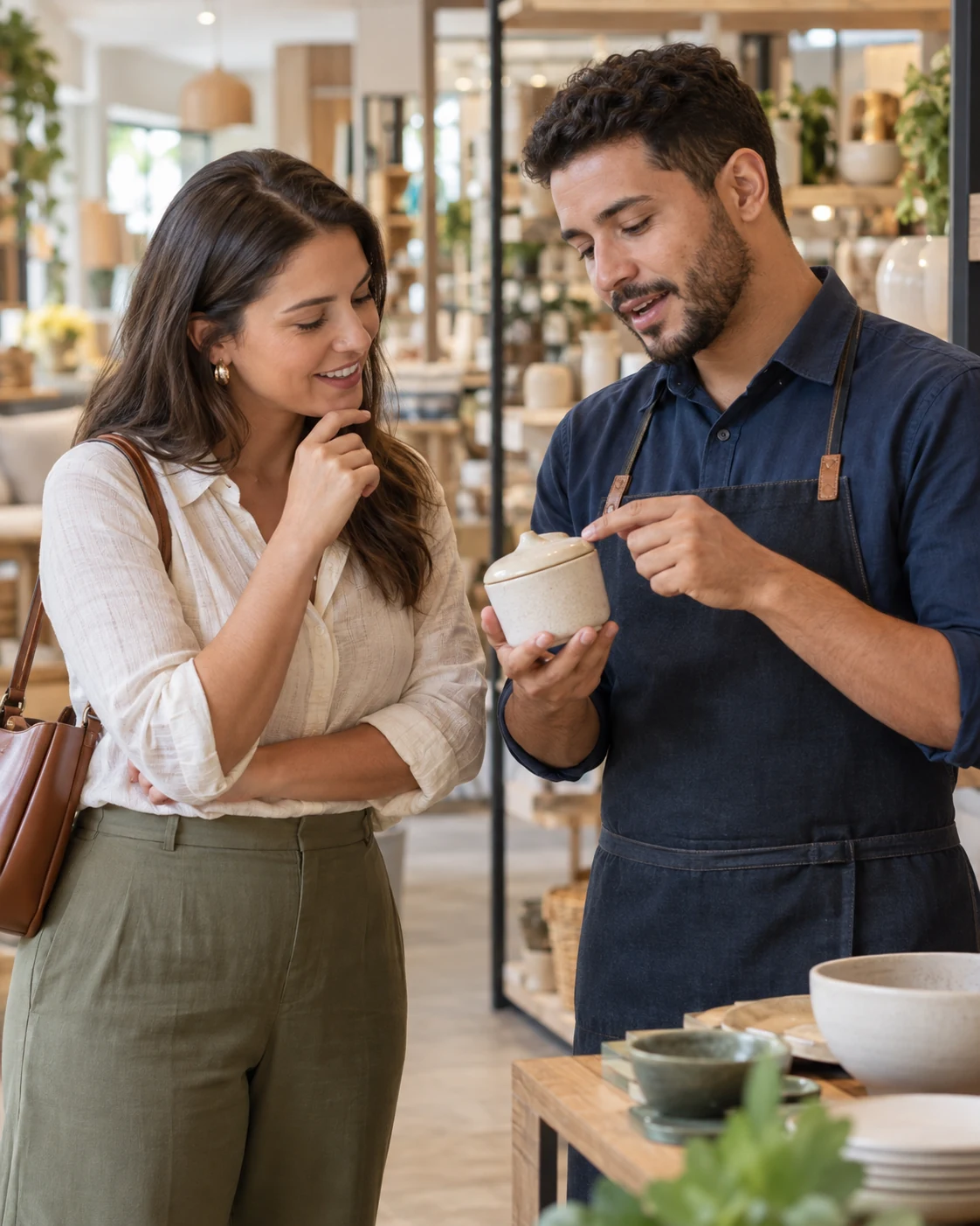 Vendedor explica os detalhes de um produto a uma cliente em uma loja. Cena ilustrativa.